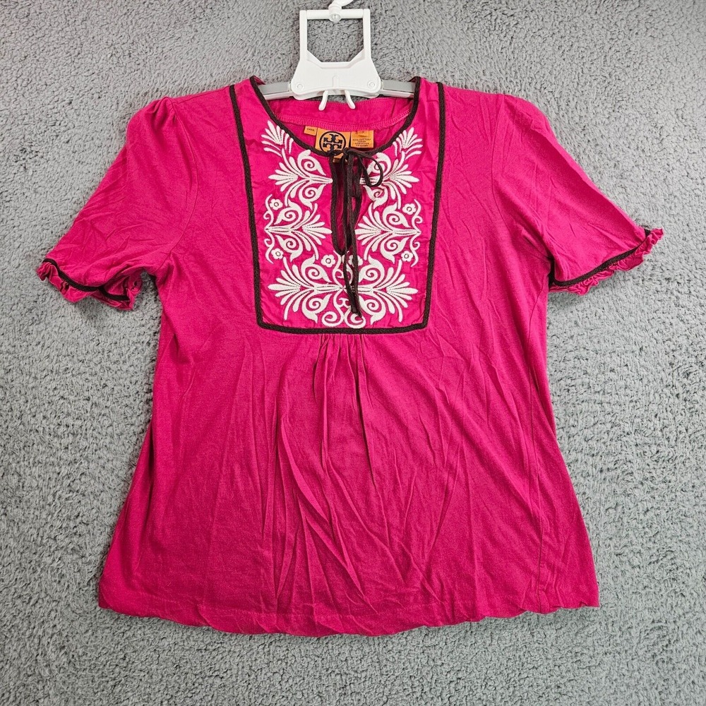 Tory Burch Top Womens Medium Embroidered‎ Tie Neck Pink Casual - M